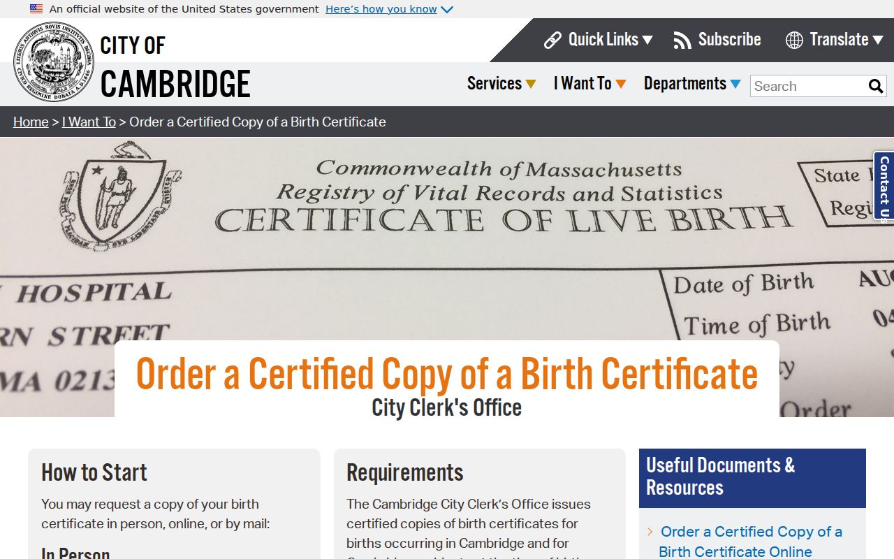 Cambridge residents directory birth certificate request instructions
