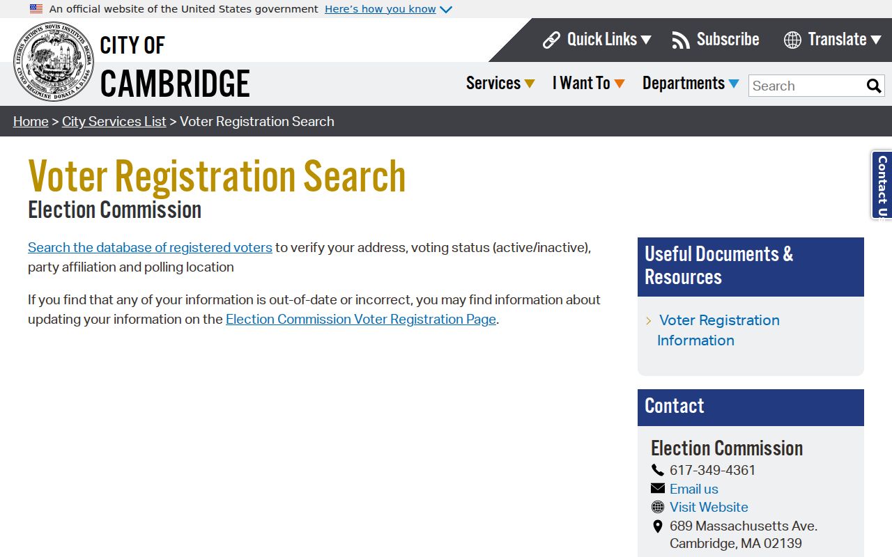 Cambridge residents directory voter registration search entry