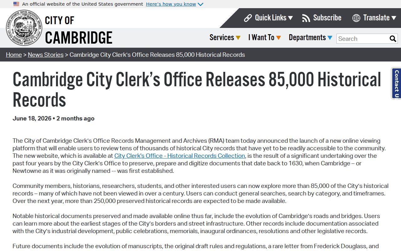 Cambridge previous residents City Clerk historical records digitization announcement
