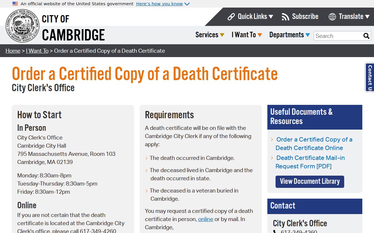 Cambridge resident lookup death certificate access and custody record
